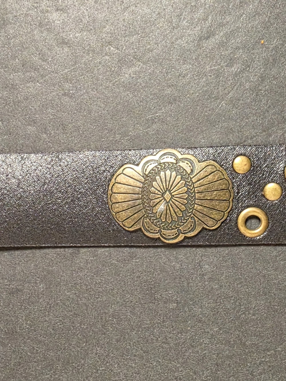 Black Studded Faux Leather Belt with Antique Brass Buckle - Picture 5 of 6